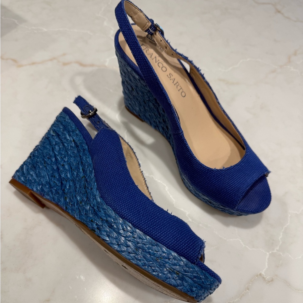 💙 Royal Blue Wedge Espadrilles Canvas Slingback Open Toe Franco Sarto Size 7.5